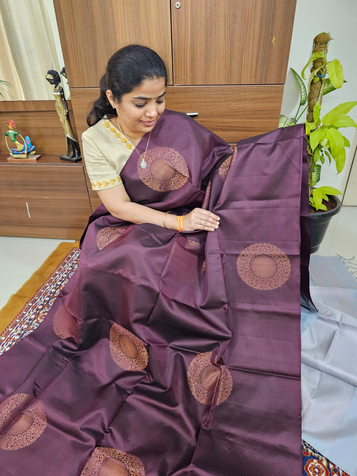 Pure Handloom Soft Silk Saree - Deep Maroon cum Brown with Grey