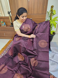 Pure Handloom Soft Silk Saree - Deep Maroon cum Brown with Grey