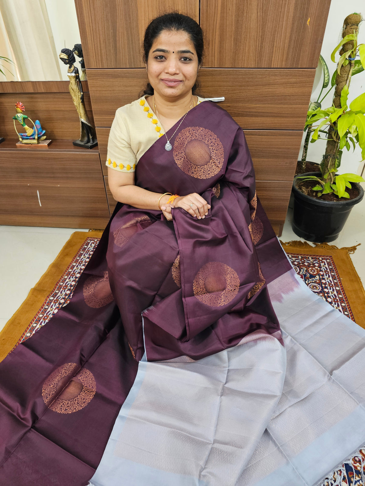 Pure Handloom Soft Silk Saree - Deep Maroon cum Brown with Grey