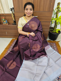 Pure Handloom Soft Silk Saree - Deep Maroon cum Brown with Grey