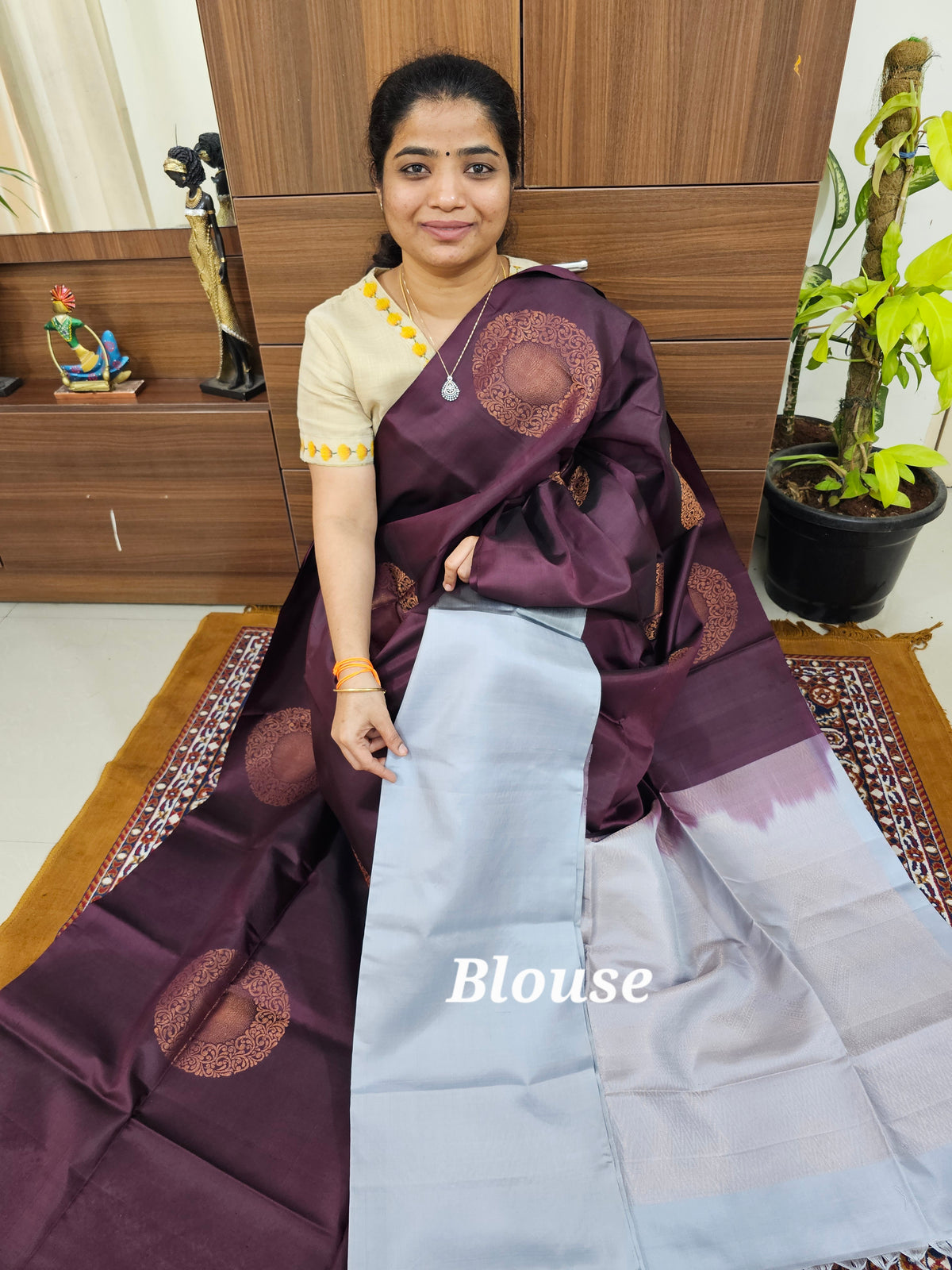 Pure Handloom Soft Silk Saree - Deep Maroon cum Brown with Grey