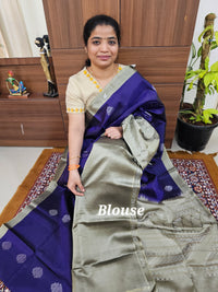 Classical Kanjivaram Pattern Pure Handloom Soft Silk Saree - Deep Royal Purple with Silver Grey