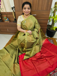 Pure Handloom Soft Silk Saree - Mehndi Green with Red