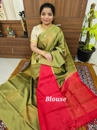 Pure Handloom Soft Silk Saree - Mehndi Green with Red