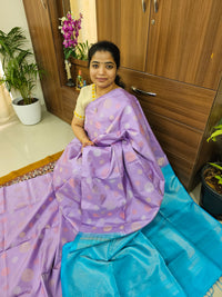Trending Kanjivaram Pattern Coin Buttas Pure Handloom Soft Silk Saree -  Lavender with Sky Blue