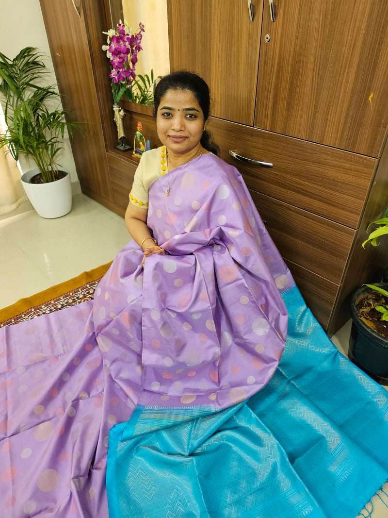 Trending Kanjivaram Pattern Coin Buttas Pure Handloom Soft Silk Saree -  Lavender with Sky Blue
