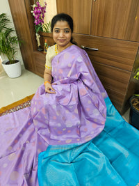 Trending Kanjivaram Pattern Coin Buttas Pure Handloom Soft Silk Saree -  Lavender with Sky Blue