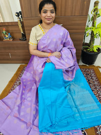 Trending Kanjivaram Pattern Coin Buttas Pure Handloom Soft Silk Saree -  Lavender with Sky Blue