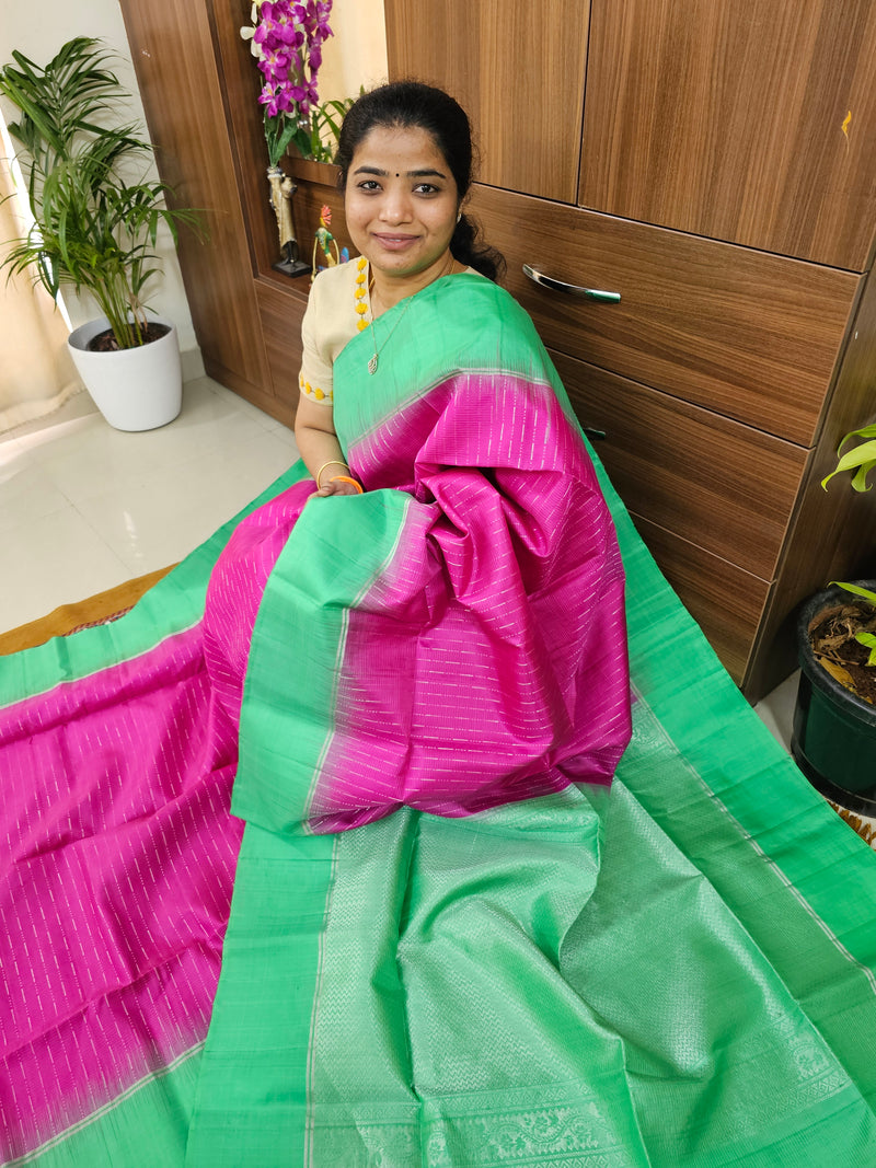 Rain Drop Pattern Pure Handloom Soft Silk Saree - Pink with Green