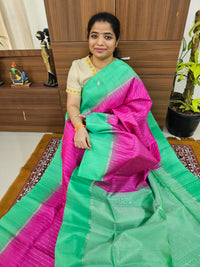 Rain Drop Pattern Pure Handloom Soft Silk Saree - Pink with Green