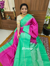 Rain Drop Pattern Pure Handloom Soft Silk Saree - Pink with Green