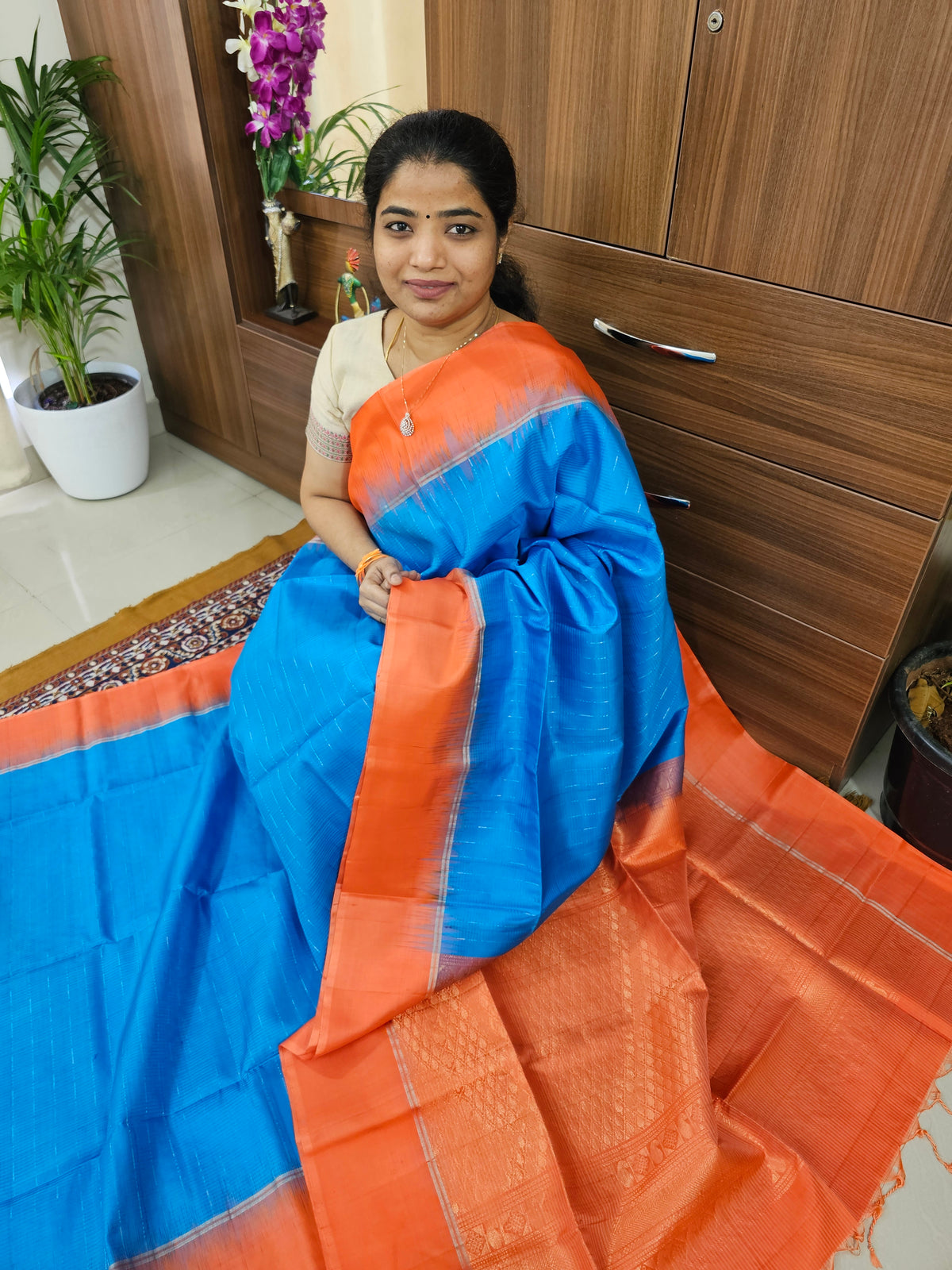 Pure Handloom Soft Silk Saree - Blue with Orange