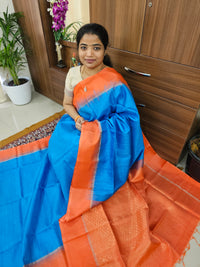 Pure Handloom Soft Silk Saree - Blue with Orange