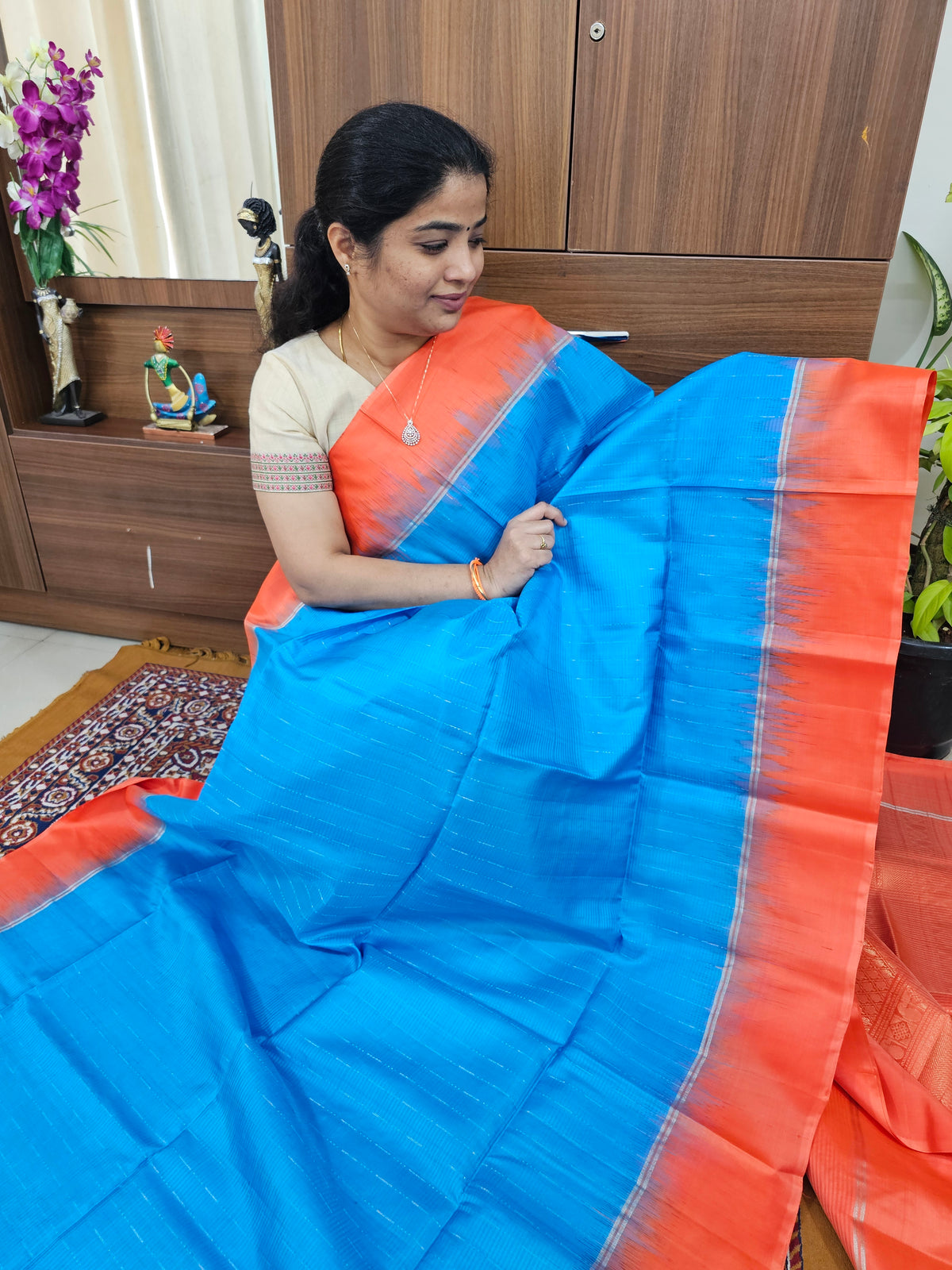 Pure Handloom Soft Silk Saree - Blue with Orange