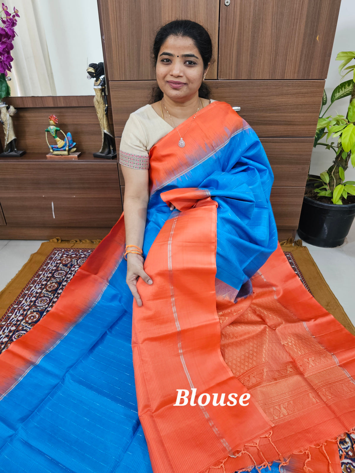 Pure Handloom Soft Silk Saree - Blue with Orange