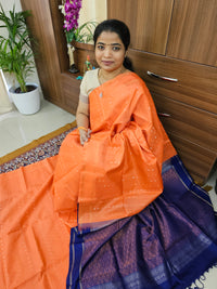 Pure Handloom Soft Silk Saree - Peachish Orange with Blue
