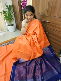 Pure Handloom Soft Silk Saree - Peachish Orange with Blue