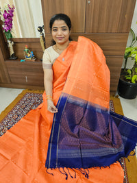 Pure Handloom Soft Silk Saree - Peachish Orange with Blue