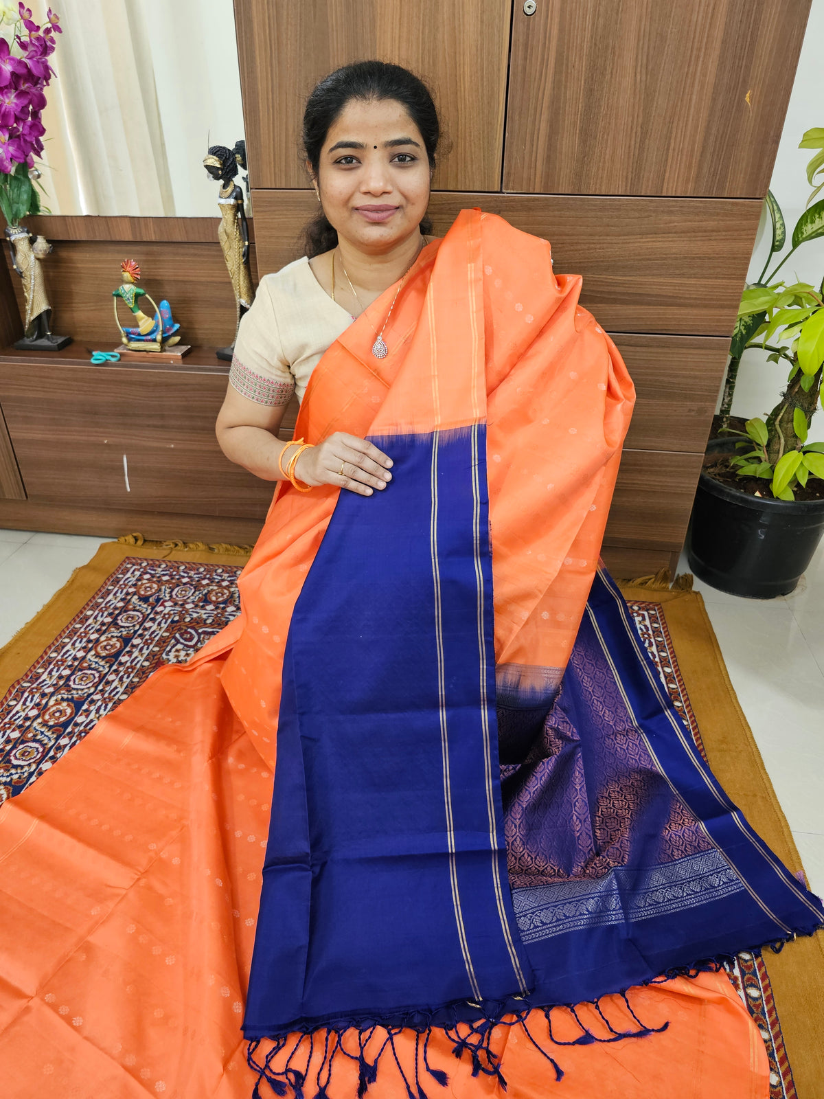 Pure Handloom Soft Silk Saree - Peachish Orange with Blue