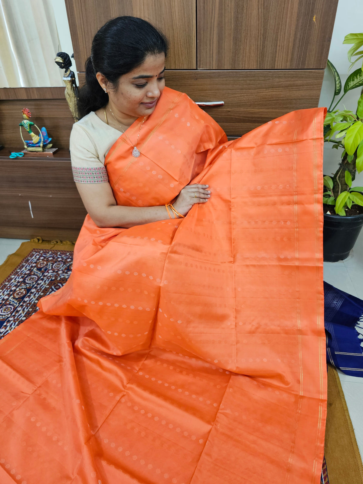 Pure Handloom Soft Silk Saree - Peachish Orange with Blue