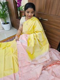 Classical Kanjivaram Pattern Pure Handloom Soft Silk Saree - Soft Yellow with Peach