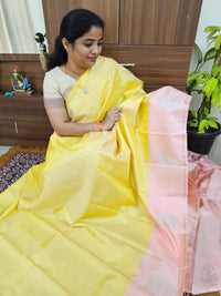 Classical Kanjivaram Pattern Pure Handloom Soft Silk Saree - Soft Yellow with Peach
