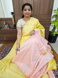 Classical Kanjivaram Pattern Pure Handloom Soft Silk Saree - Soft Yellow with Peach