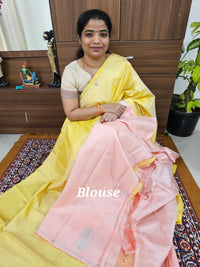 Classical Kanjivaram Pattern Pure Handloom Soft Silk Saree - Soft Yellow with Peach