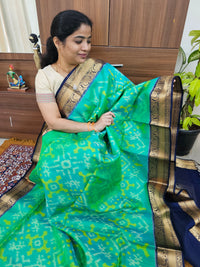 Fusion Pochampally with Kanchi Border Pure Handloom Soft Silk Saree - Sea Green with Blue
