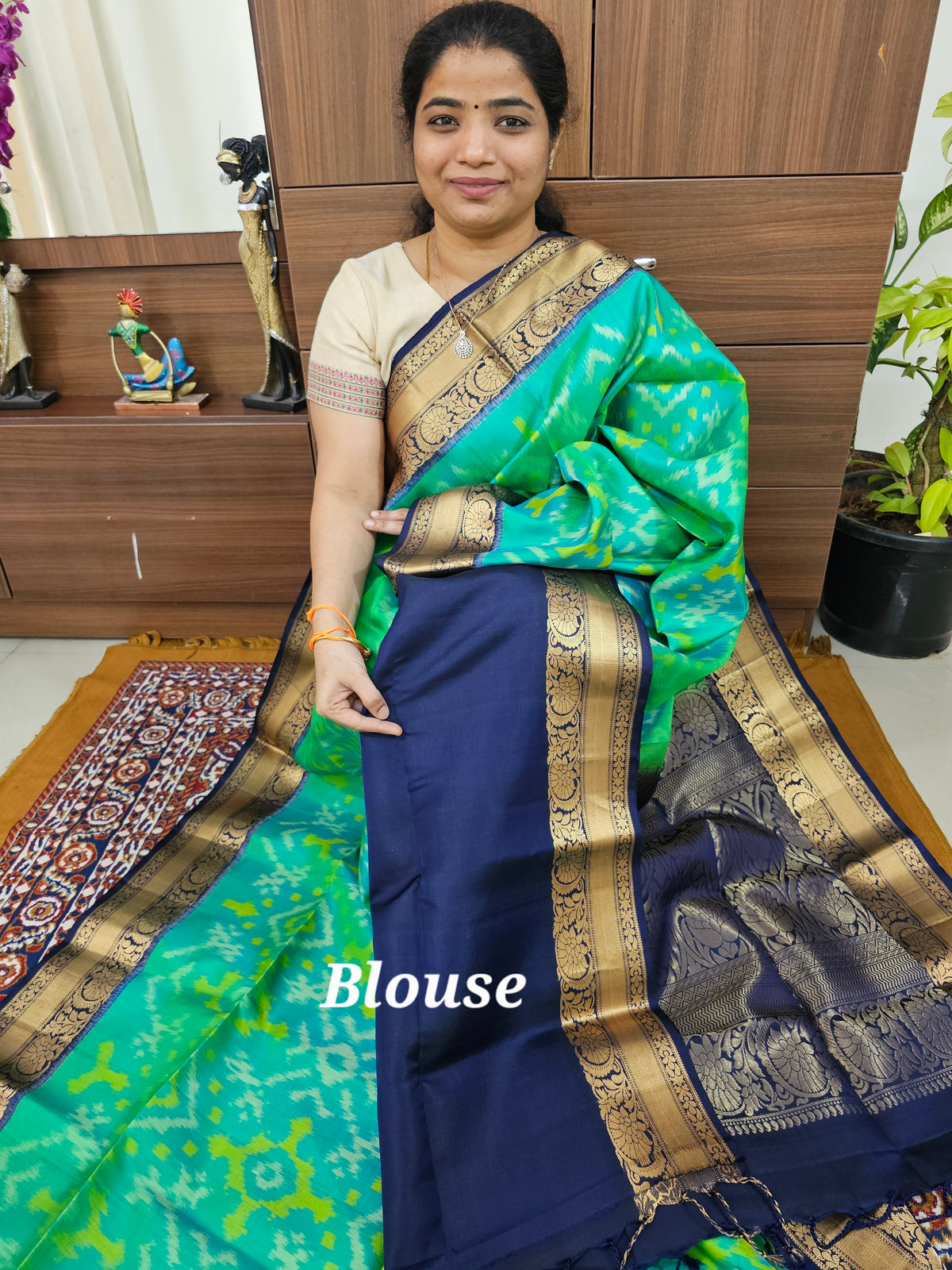Fusion Pochampally with Kanchi Border Pure Handloom Soft Silk Saree - Sea Green with Blue