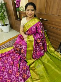 Fusion Pochampally with Kanchi Border Pure Handloom Soft Silk Saree - Magenta Pink with Green