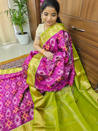 Fusion Pochampally with Kanchi Border Pure Handloom Soft Silk Saree - Magenta Pink with Green