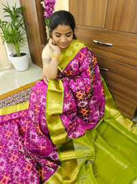 Fusion Pochampally with Kanchi Border Pure Handloom Soft Silk Saree - Magenta Pink with Green