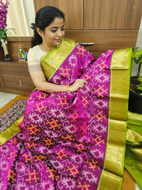 Fusion Pochampally with Kanchi Border Pure Handloom Soft Silk Saree - Magenta Pink with Green