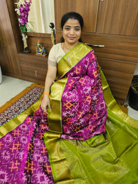 Fusion Pochampally with Kanchi Border Pure Handloom Soft Silk Saree - Magenta Pink with Green