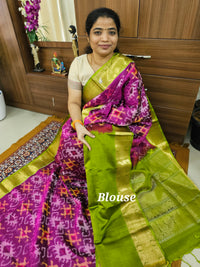 Fusion Pochampally with Kanchi Border Pure Handloom Soft Silk Saree - Magenta Pink with Green
