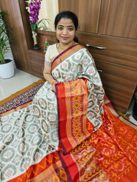 Pochampally Weave Pure Handloom Soft Silk Saree -   Classic Ivory with Orange