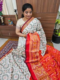 Pochampally Weave Pure Handloom Soft Silk Saree -   Classic Ivory with Orange