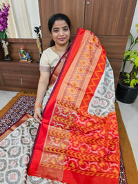 Pochampally Weave Pure Handloom Soft Silk Saree -   Classic Ivory with Orange