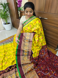 Pochampally Weave Pure Handloom Soft Silk Saree -  Yellow with Maroo