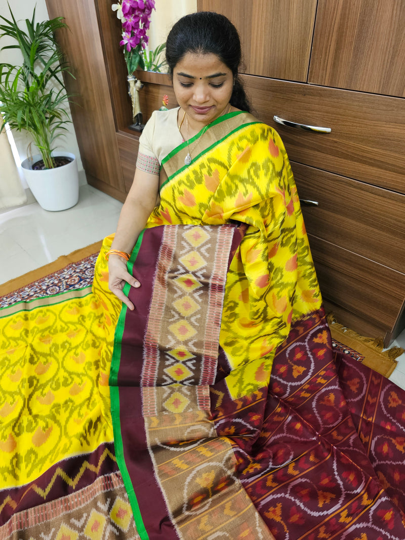 Pochampally Weave Pure Handloom Soft Silk Saree -  Yellow with Maroo