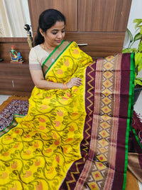 Pochampally Weave Pure Handloom Soft Silk Saree -  Yellow with Maroo