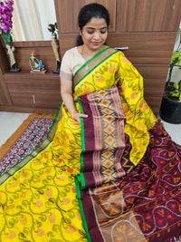 Pochampally Weave Pure Handloom Soft Silk Saree -  Yellow with Maroo