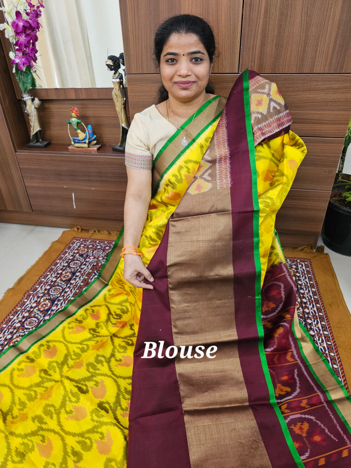Pochampally Weave Pure Handloom Soft Silk Saree -  Yellow with Maroo