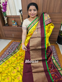 Pochampally Weave Pure Handloom Soft Silk Saree -  Yellow with Maroo