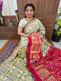 Pochampally Weave Pure Handloom Soft Silk Saree -  Grey with Red