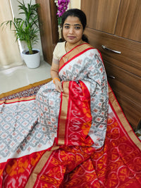 Pochampally Weave Pure Handloom Soft Silk Saree - White with Red