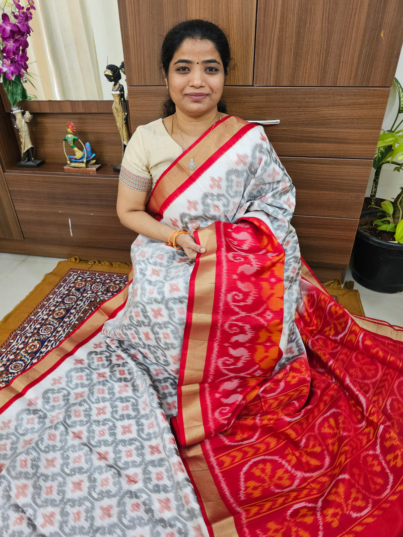 Pochampally Weave Pure Handloom Soft Silk Saree - White with Red