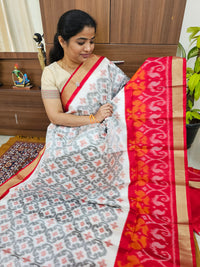 Pochampally Weave Pure Handloom Soft Silk Saree - White with Red
