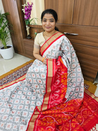Pochampally Weave Pure Handloom Soft Silk Saree - White with Red